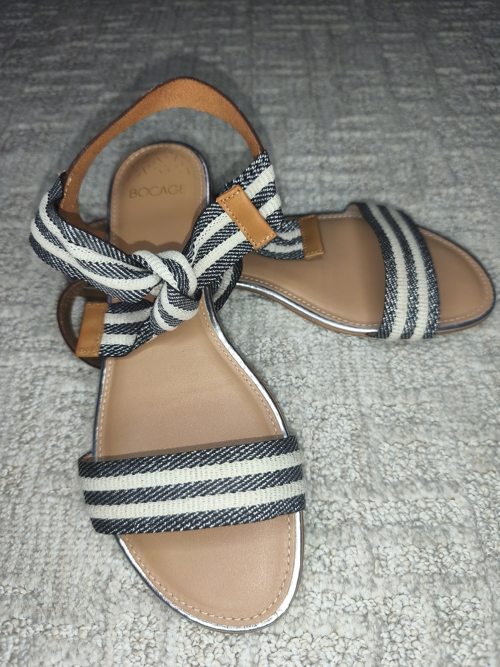 Bocage Paris Made In Italy Striped Fabric Leather Flat Sandals Shoes Size 40/9,5
